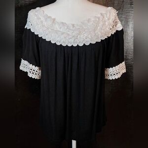INC International Concepts  Off-the-shoulder Black Blouse With White Lace Trim